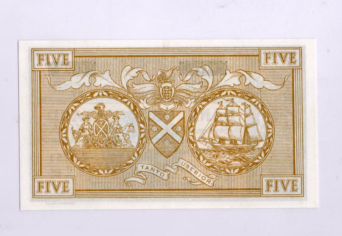 徐霞客拍卖首拍 苏格兰/苏格兰银行	P-101b 1957年5镑	大票幅	P/14 5753 unc-该纸币发行于二战结束后的第12年，正值英国及苏格兰经济重建与复苏的关键阶段。作为当时的大面额纸币，它在推动战后商业流通与民生稳定中扮演了重要角色，是战后欧洲经济史的微观缩影。兼具历史价值（苏格兰独立发钞权的见证）、文化价值（凯尔特与不列颠文化的融合载体）与稀缺性（距今已近70年，全新品相存世量极少）。				