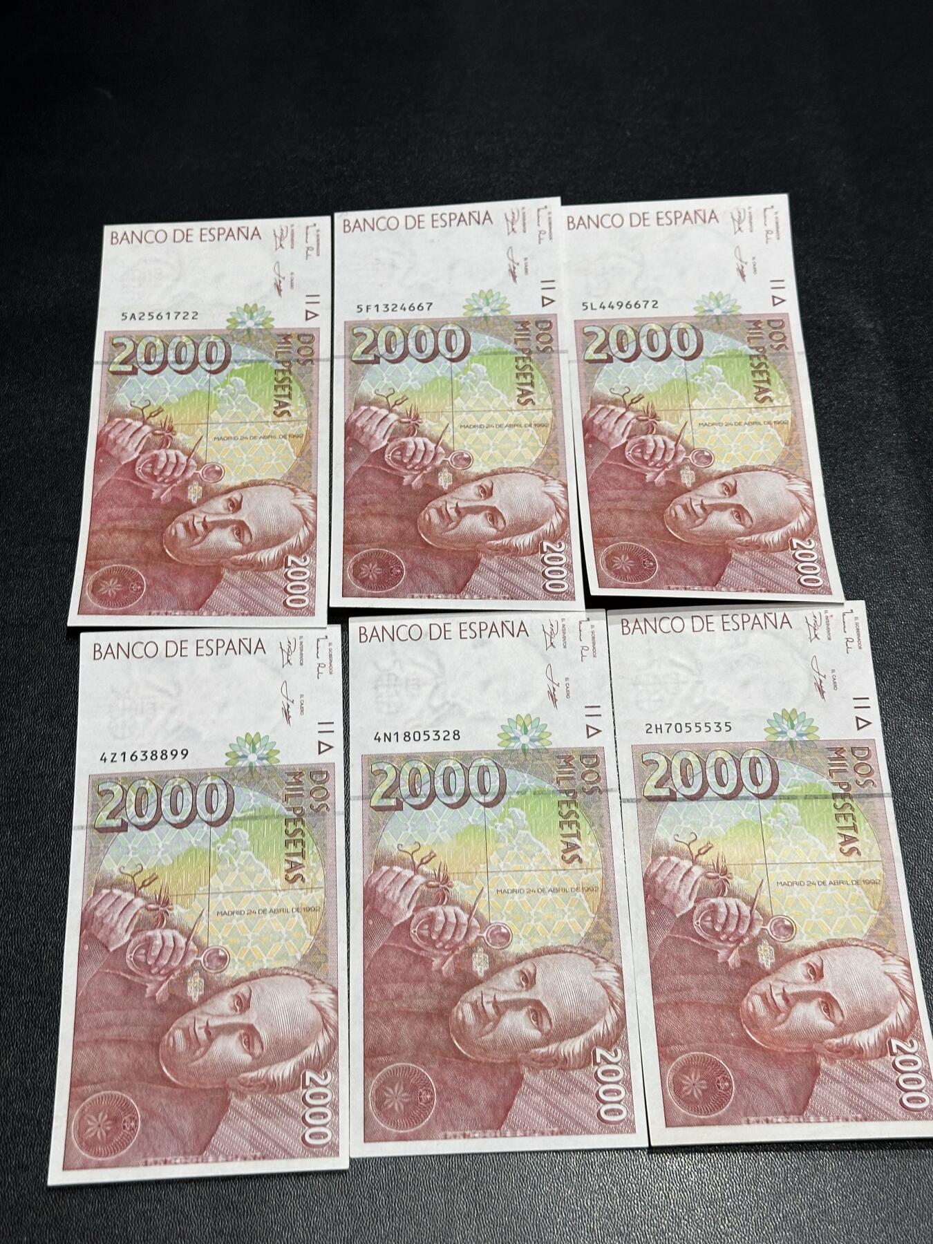 《外钞收藏家》第六百零四期（精品场）（本平台长期征集拍品、欢迎藏友们联系合作） 1992年西班牙2000比塞塔 6张一起 AU品相