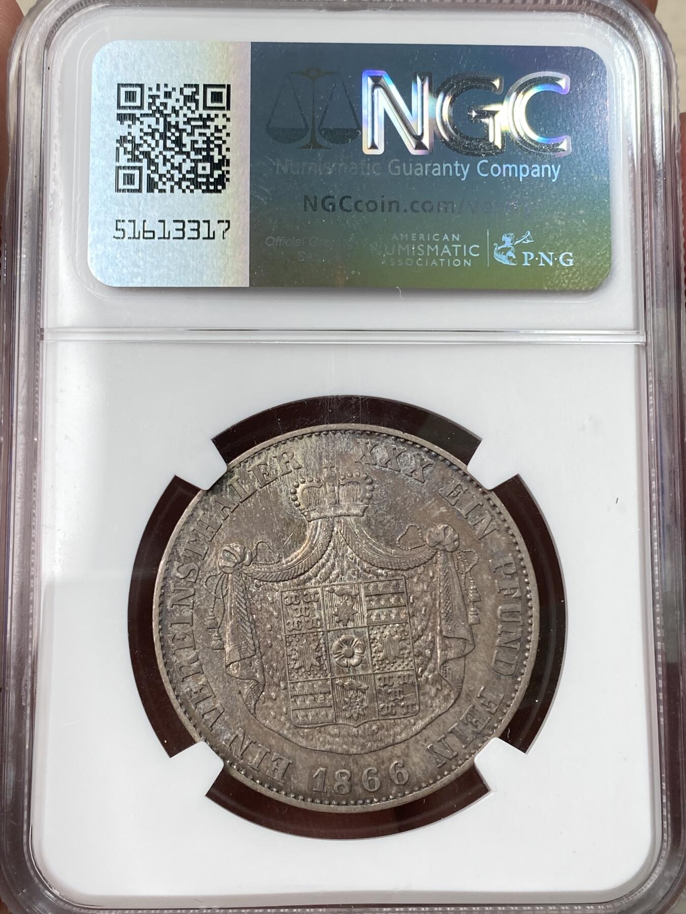 万国钱币拍卖第059期 NGC AU55 1866年德国利普-德特莫尔德盾徽流通1泰勒 稀缺小邦泰勒 18000铸造量 欧陆酱彩极美