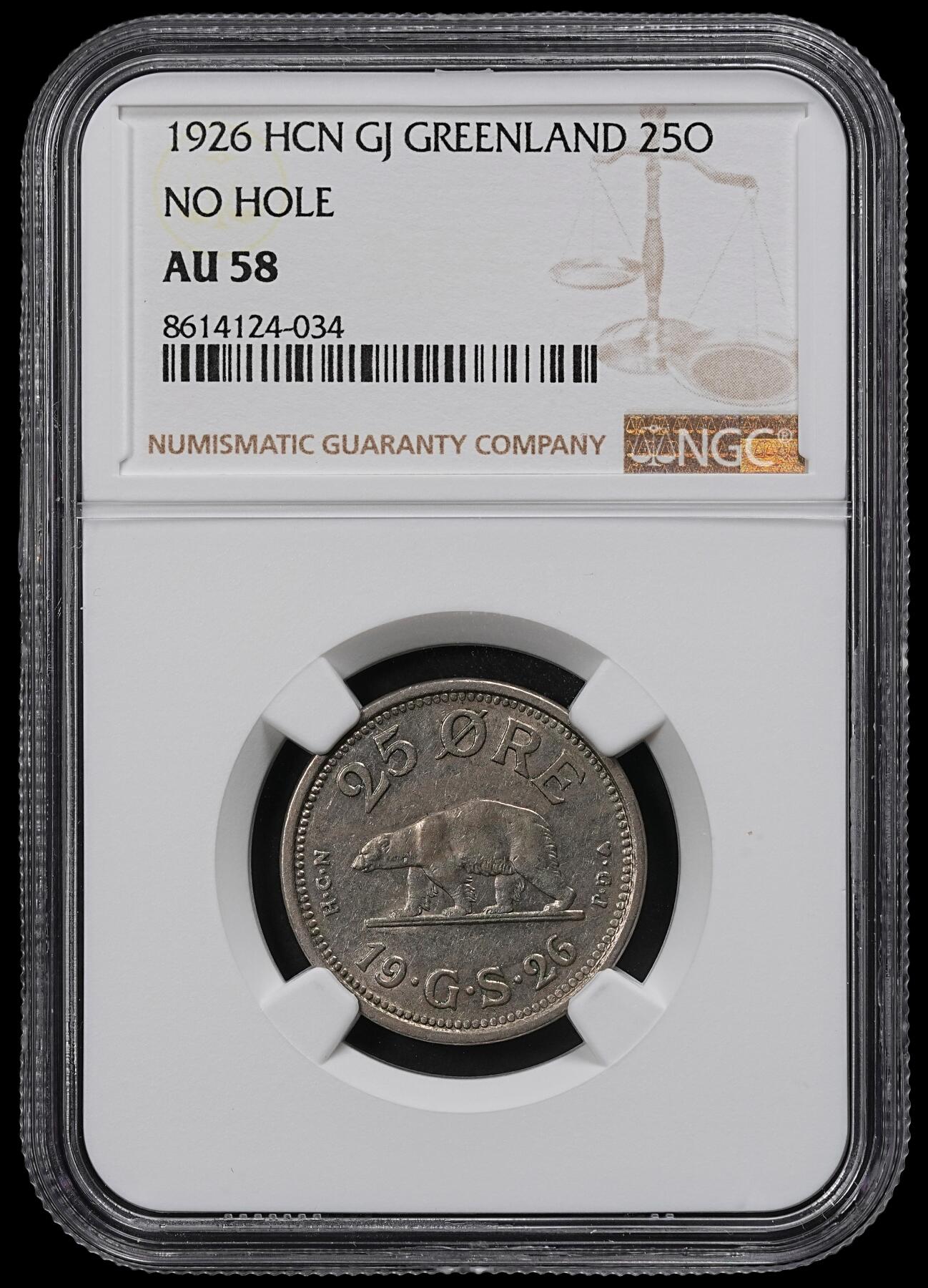 修遠堂世界钱币第102期 NGC AU58 1926年格陵兰25欧尔