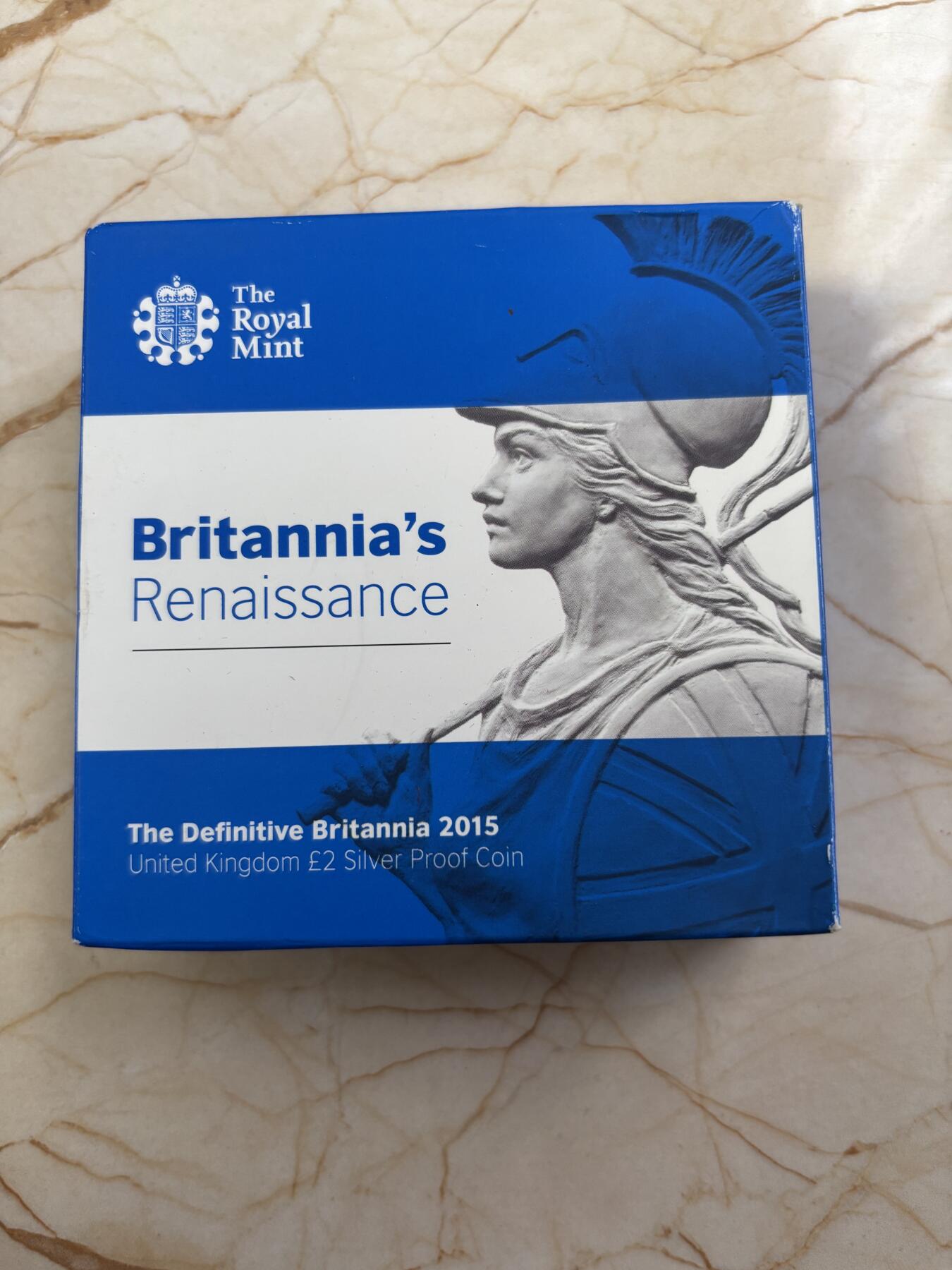第189期拍卖 英国2015年不列颠女神重生2镑镀金精制纪念银币，925银镀金，12克，发行10500枚