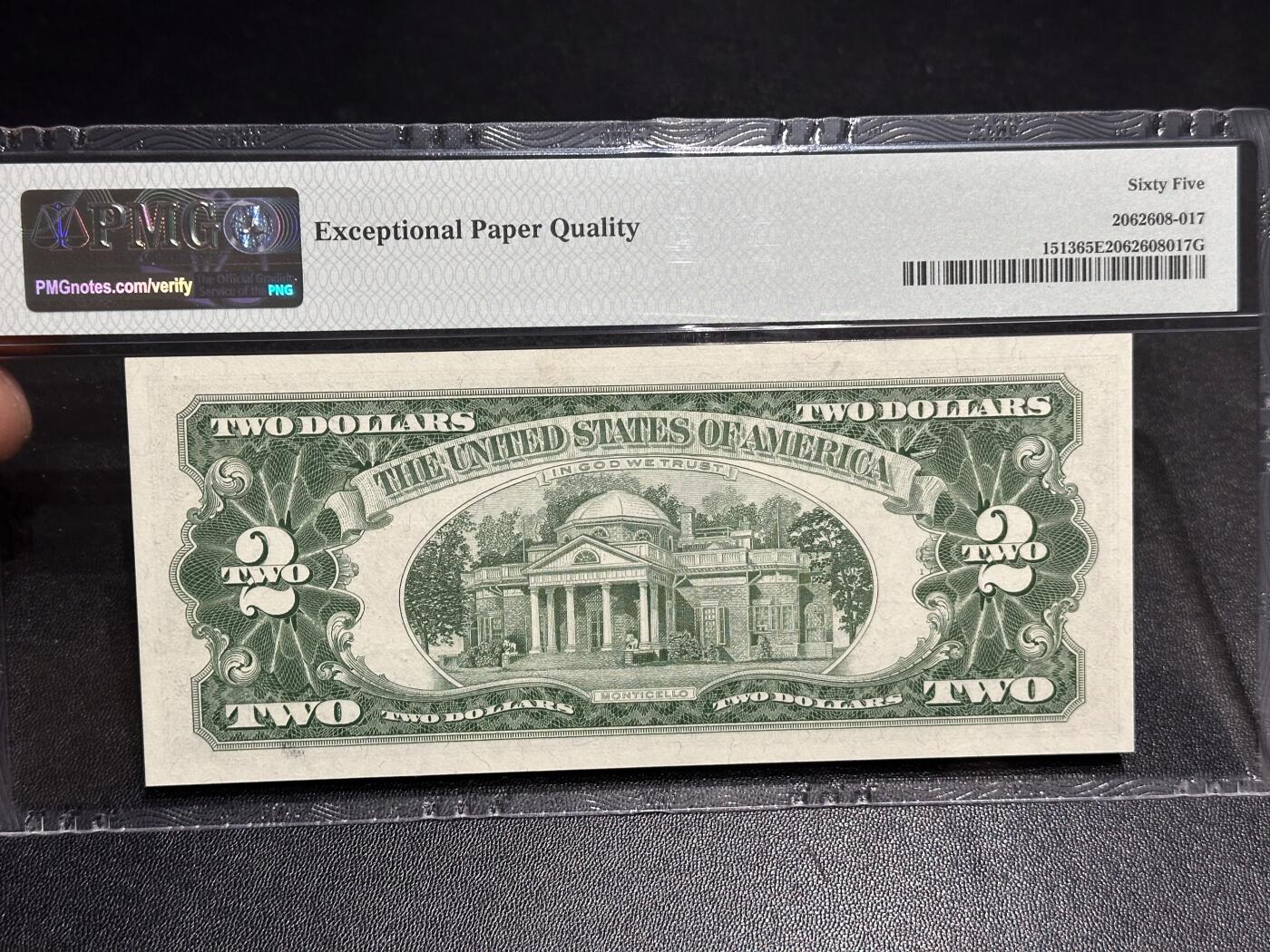 《外钞收藏家》第六百零四期（精品场）（本平台长期征集拍品、欢迎藏友们联系合作） 1963年美国2美元 红库印 PMG65 AA冠