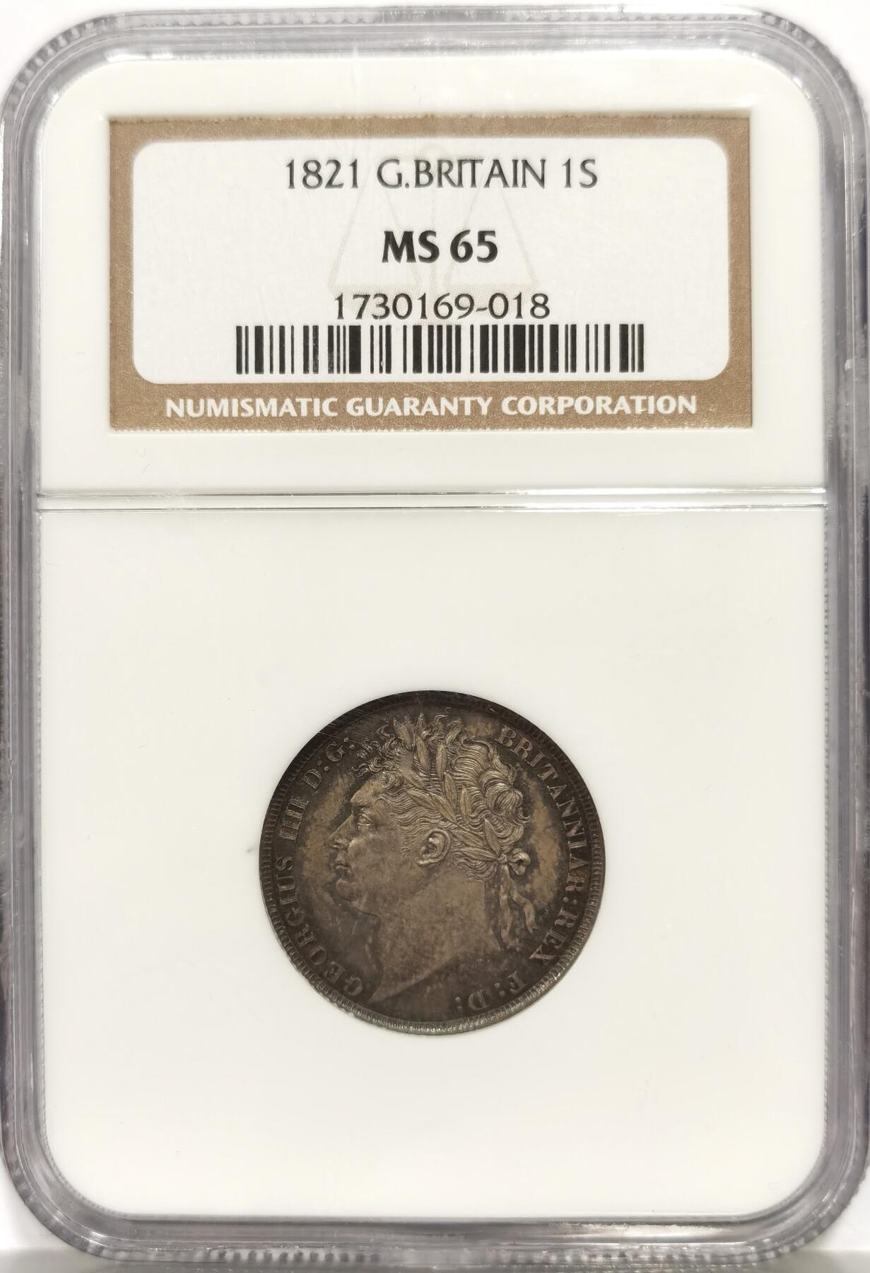 博洋堂世界钱币拍卖第158期（全场包邮） NGC MS65 英国1821年乔治三世1先令银币。极少见品种，高分相当难得。此枚顶级五彩包浆，底板几近无瑕，NGC老盒子加持，可以说是一步到位的一枚。AW此前64分曾有163170日元成交，此枚如此状态的65分值得高看一眼