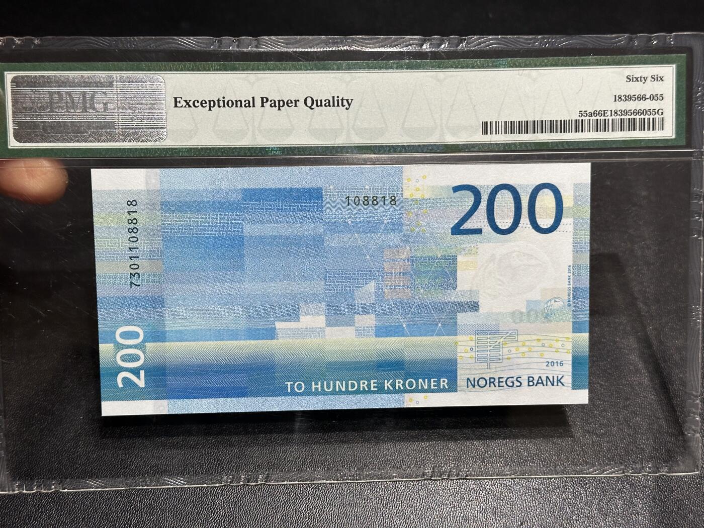 《外钞收藏家》第六百零四期（精品场）（本平台长期征集拍品、欢迎藏友们联系合作） 2016年挪威海洋版200克朗 PMG66 无4靓号 尾8818