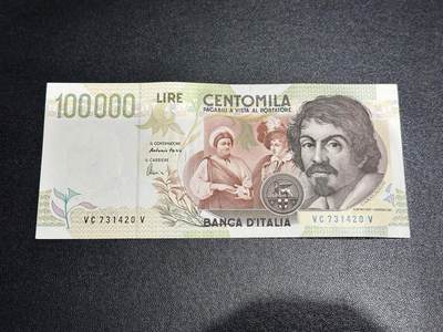 《外钞收藏家》第六百零四期（精品场）（本平台长期征集拍品、欢迎藏友们联系合作） - 1994年意大利10万里拉 卡拉瓦乔 AU品相