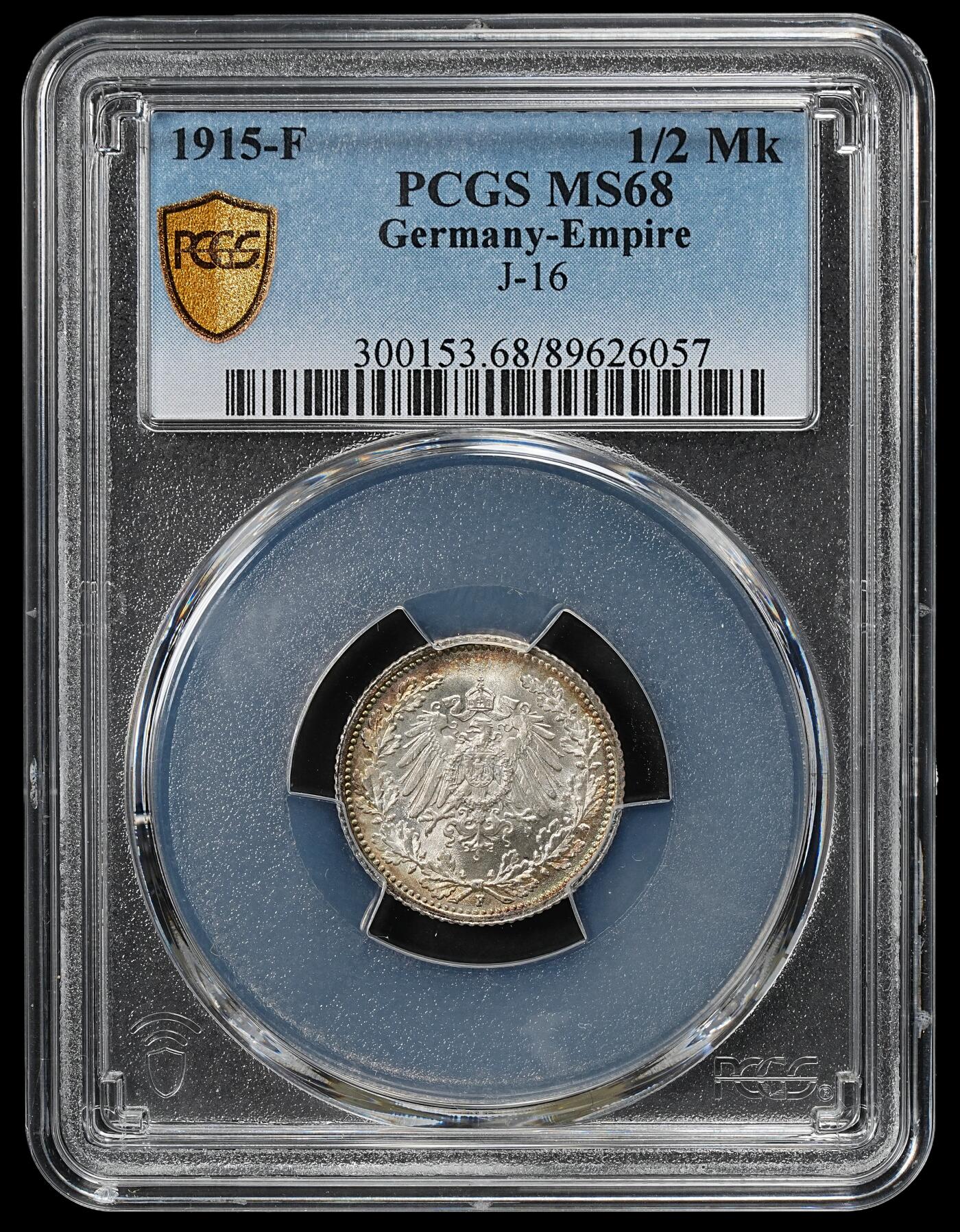 修遠堂世界钱币第102期 PCGS MS68 1915年德国1/2马克银币 68分老币天花板级别分数 更有环彩加幻彩加成 收藏级佳品