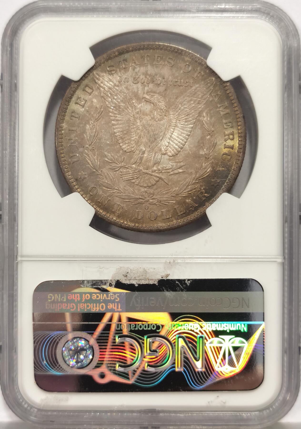 博洋堂世界钱币拍卖第158期（全场包邮） NGC MS65 美国1884年O版摩根大银币，正面环彩，背面金色包浆，状态出众