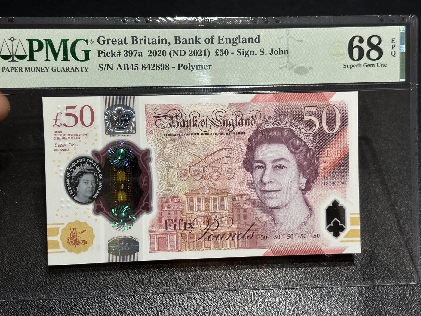 《外钞收藏家》第六百零四期（精品场）（本平台长期征集拍品、欢迎藏友们联系合作） 2020年英国女王版塑料钞50镑 PMG68 尾898