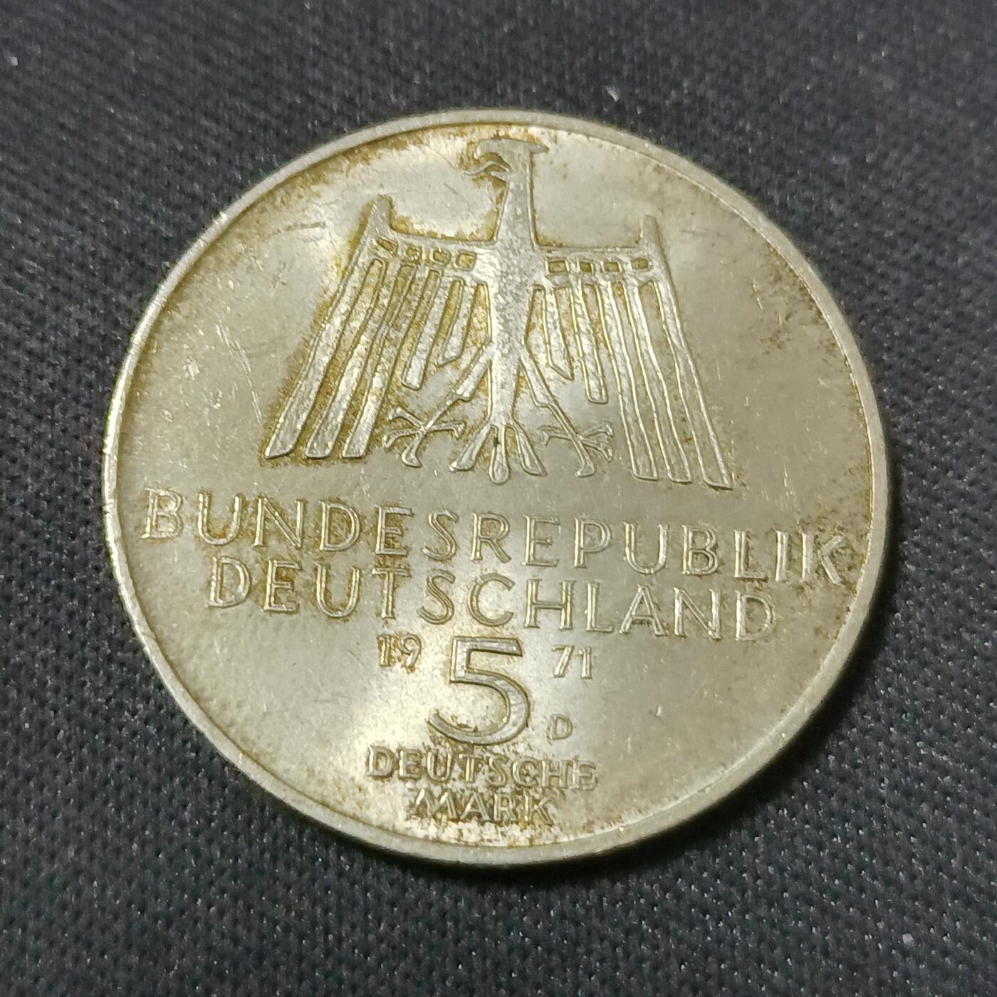 【游宝包邮场】乙巳蛇年第111期 周六集拍 德国-5马克银币【1971年 625银 11.2克】