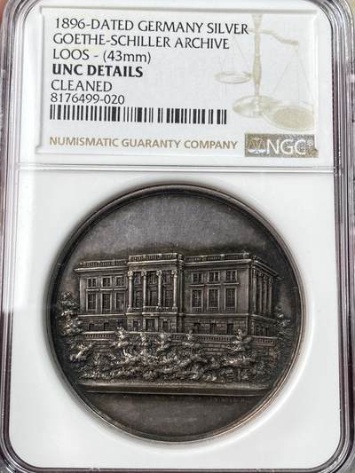 万国钱币拍卖第059期 - NGC UNCD 1896年德国歌德·席勒纪念档案馆落成纪念大银章 原味天鹅绒彩高浮雕 名家LOOS作品