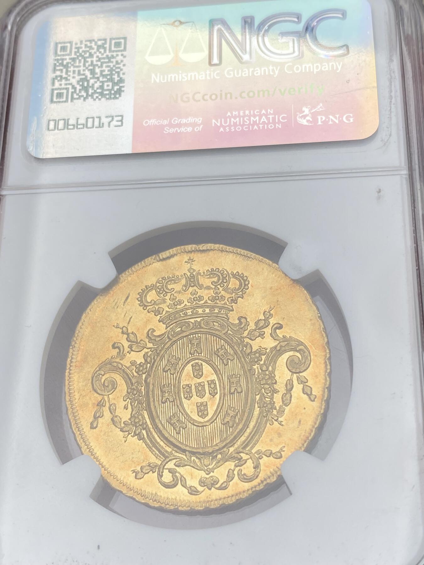 万国钱币拍卖第059期 NGC MS61 1814年巴西摄政皇太子若昂六世6400瑞斯金币 里约热内卢造币厂铸 其规格等同于西班牙4埃斯库多 全深打发丝根根可数 14.34g