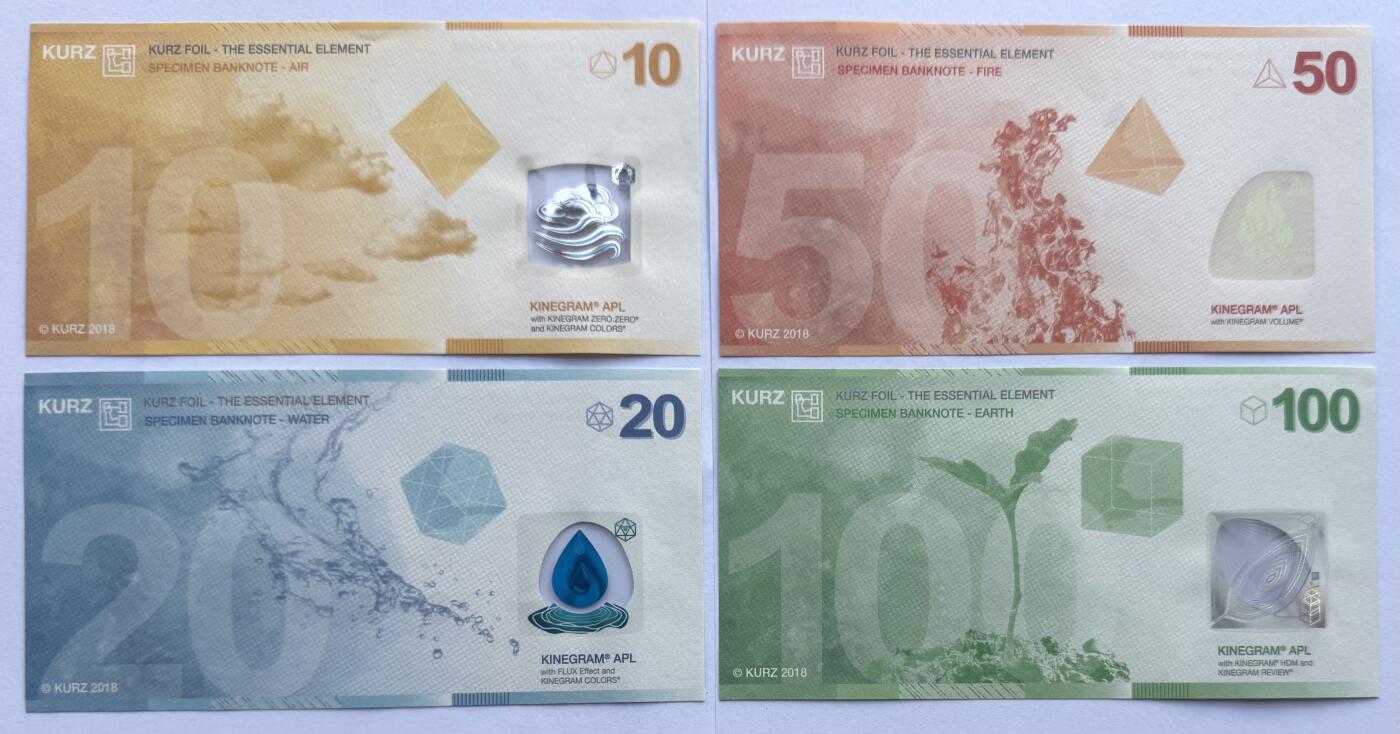 2026第2场（总第229期）：精品测试钞、连体钞综合场 库尔滋KURZ Kinegram APL窗口系列10、20、50、100单位测试钞全套4枚UNC