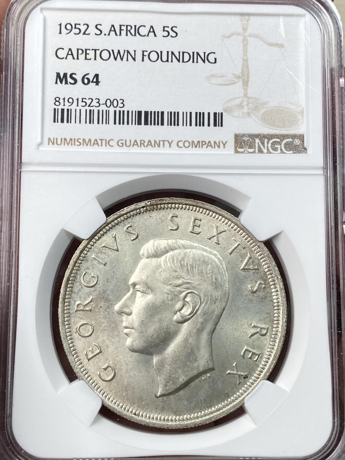 万国钱币拍卖第059期 NGC MS64 1952英属南非乔治六世5先令大银 原味黄油转光