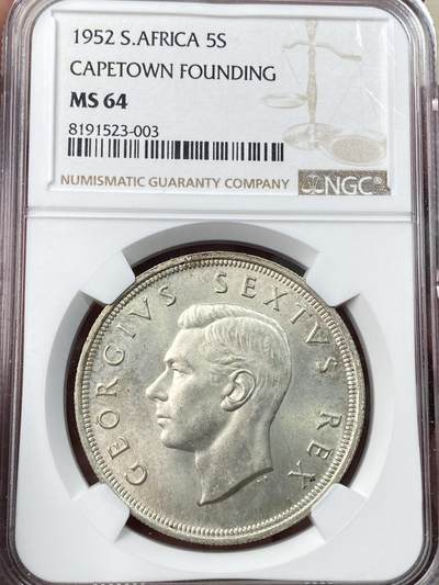 万国钱币拍卖第059期 - NGC MS64 1952英属南非乔治六世5先令大银 原味黄油转光