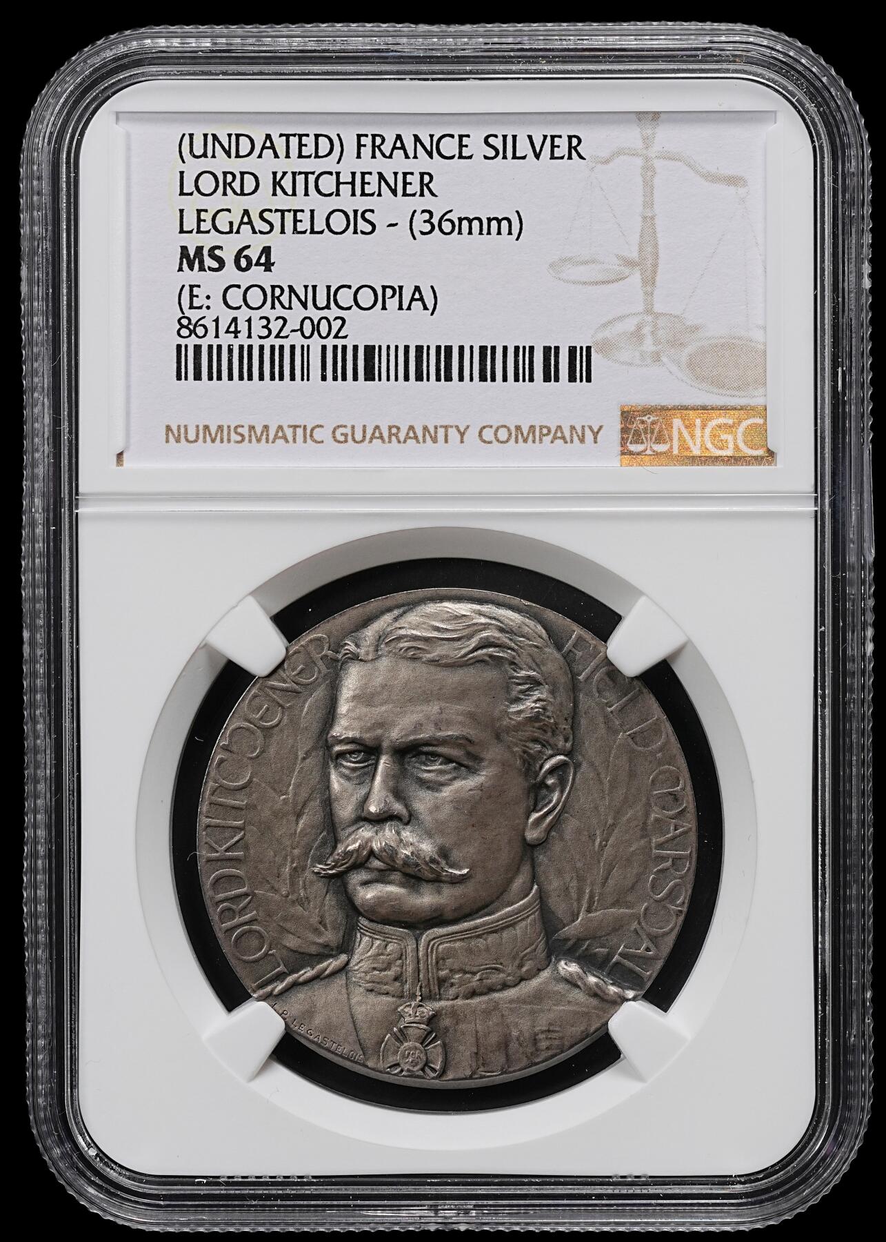 修遠堂世界钱币第102期 NGC MS64 英国一战陆军大臣赫伯特・基奇纳勋爵（Lord Kitchener）纪念银章，重22.52g