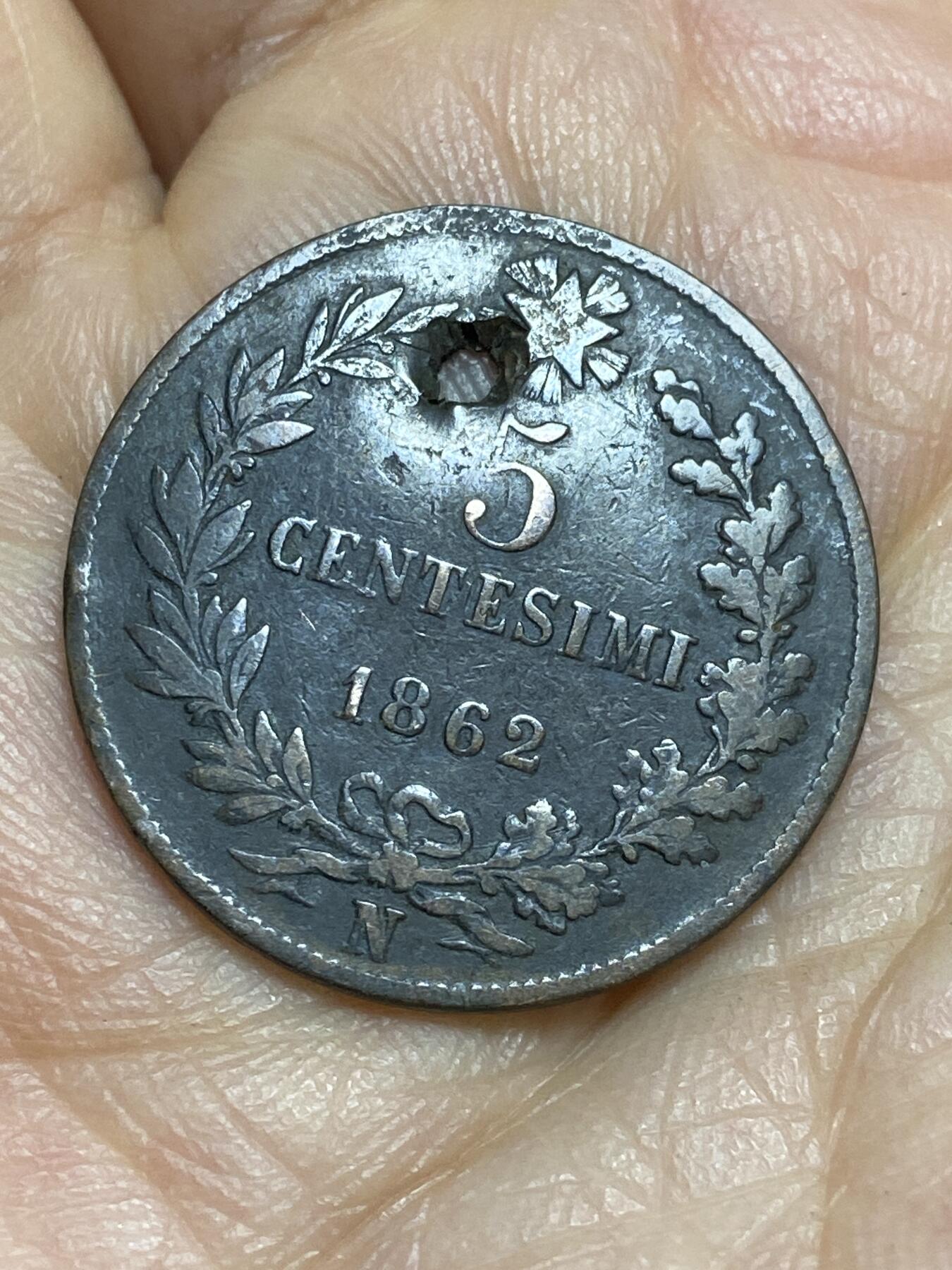 2026年第十四场(总第一百八十三场）外国好品散币场(免佣金) 穿孔–意大利王国1862年5分(维托里奥·埃马努埃莱二世，N标那不勒斯造，仅发行3年)