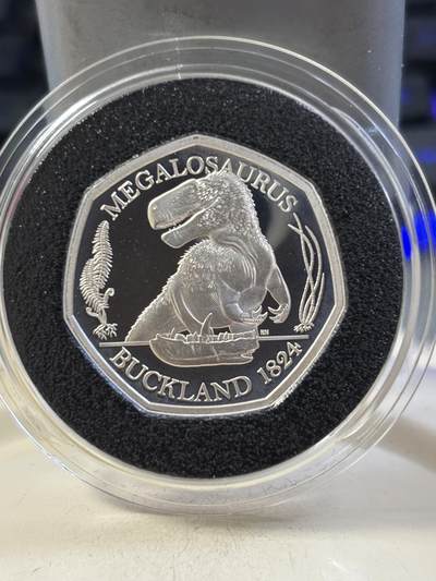 第189期拍卖 - 英国2020年自然博物馆恐龙系列斑龙精制纪念银币，925银，8克，发行3000枚。有氧化