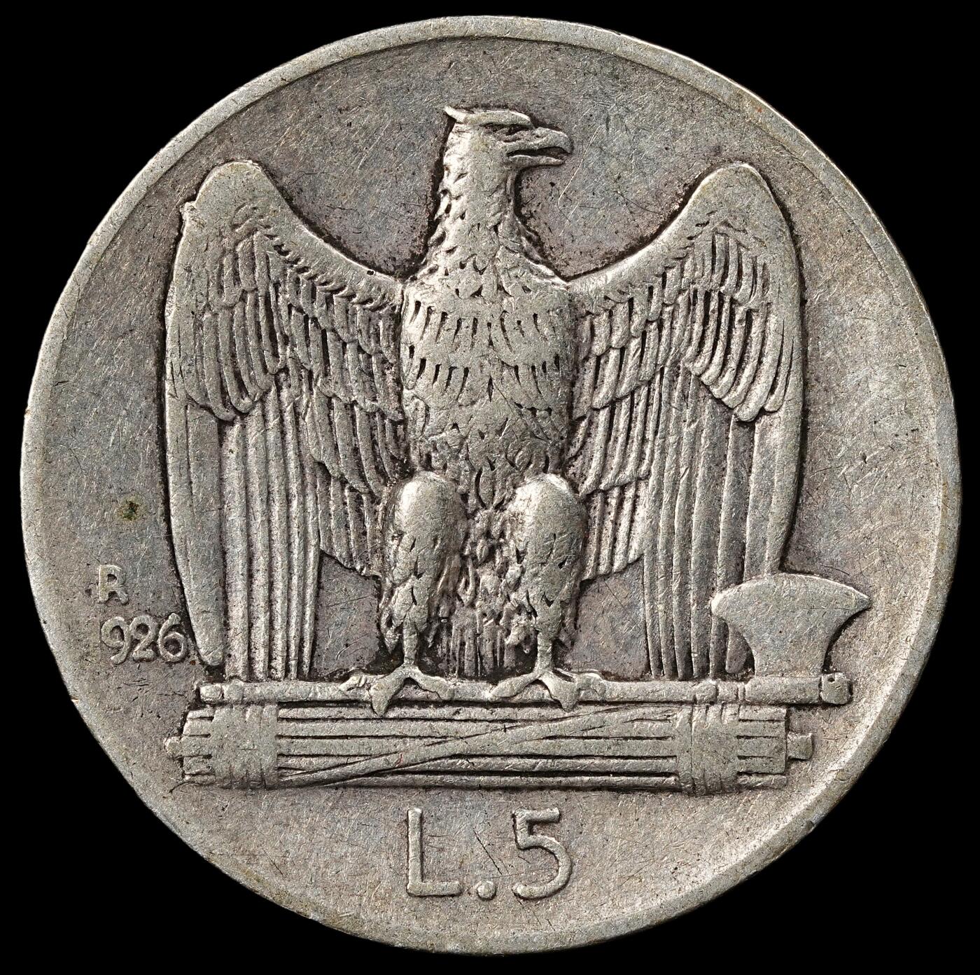 修遠堂世界钱币第102期 1926年意大利5里拉银币，4.92g，含银80%