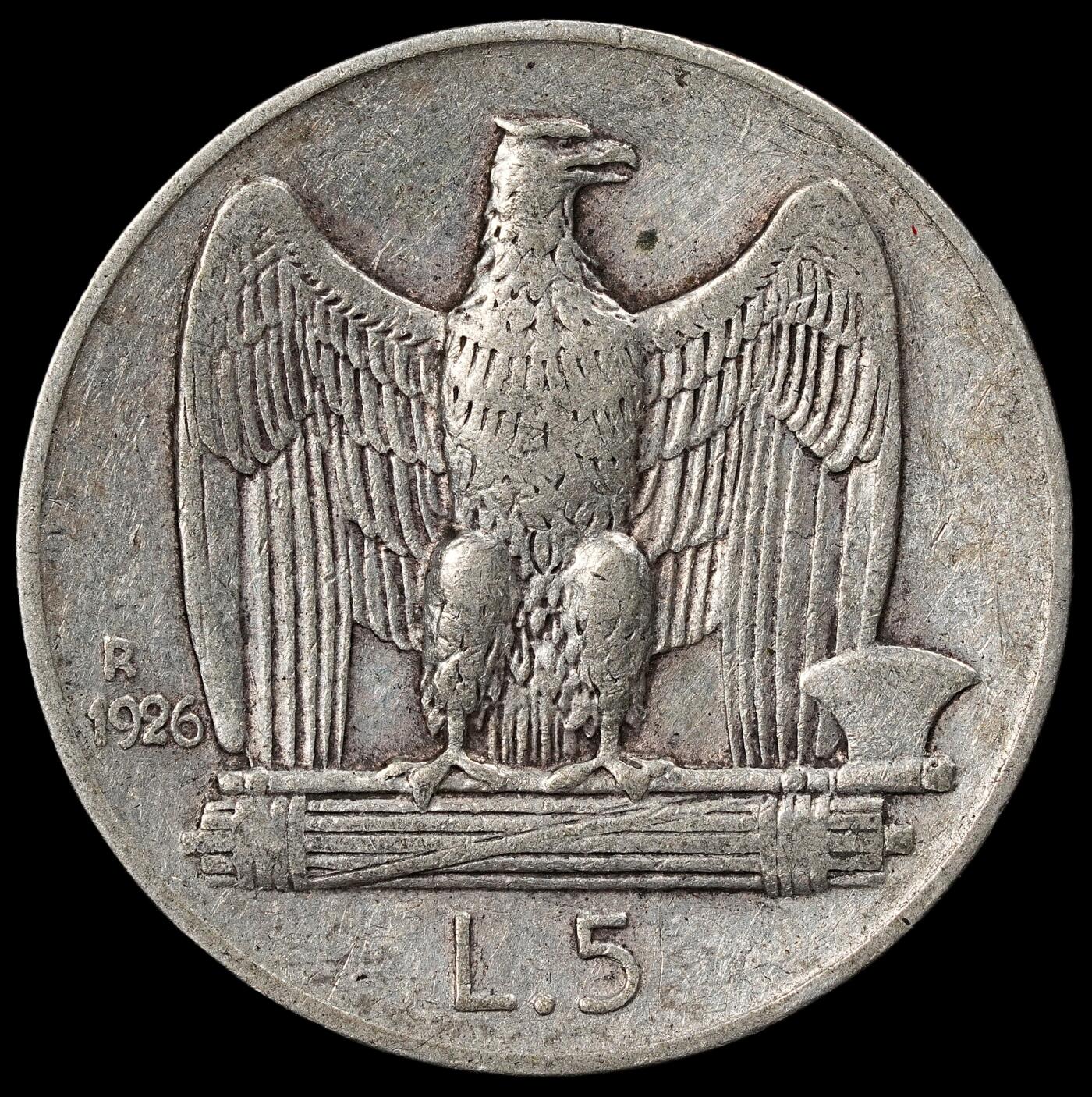 修遠堂世界钱币第102期 1926年意大利5里拉银币，4.94g，含银80%