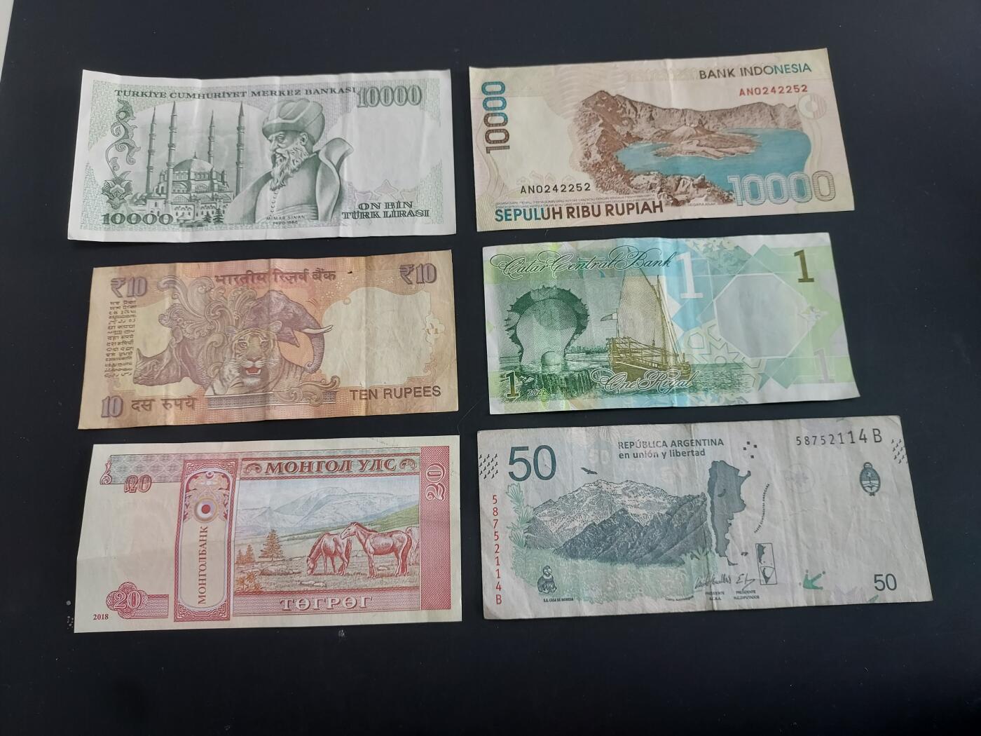 博彦收藏   1月28日 8点 钱币专场 全场包邮 印度等外国纸币6枚 流通品