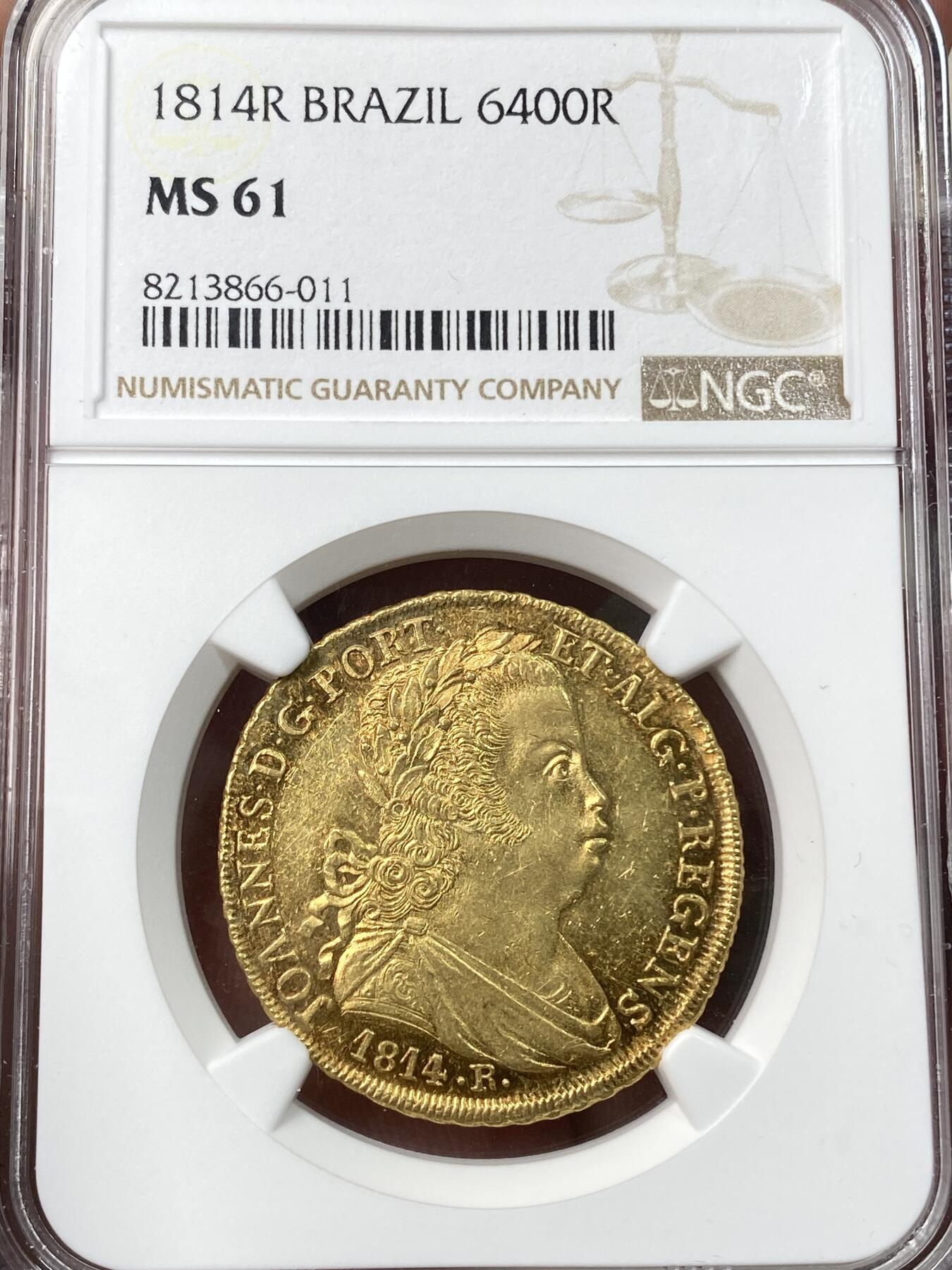 万国钱币拍卖第059期 NGC MS61 1814年巴西摄政皇太子若昂六世6400瑞斯金币 里约热内卢造币厂铸 其规格等同于西班牙4埃斯库多 全深打发丝根根可数 14.34g