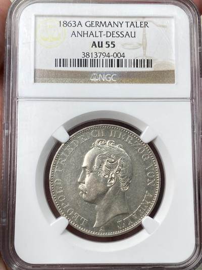 万国钱币拍卖第059期 - NGC AU55 1863年德国安哈特-德绍执政25周年盾徽1泰勒 经典小邦品种 原味淡彩