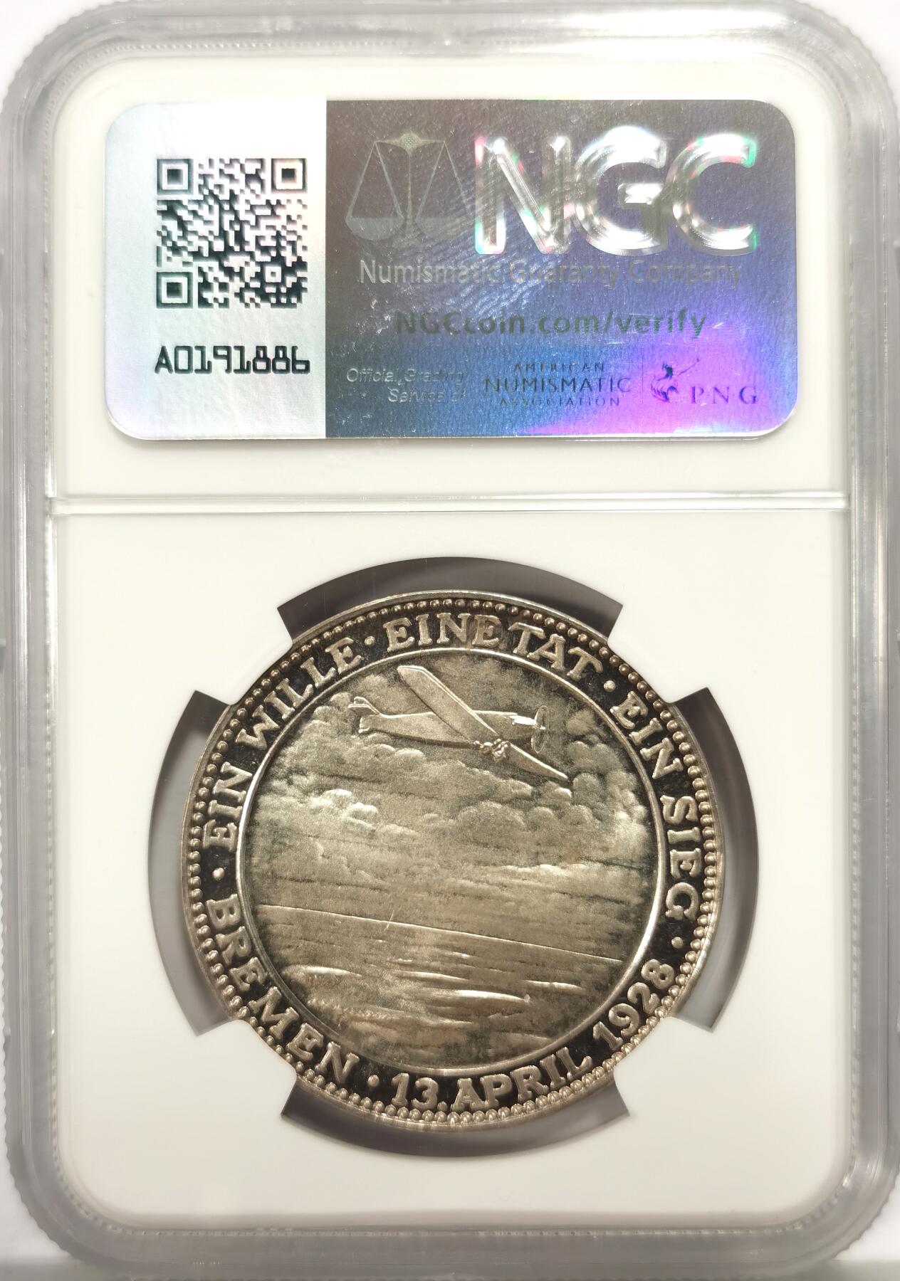 博洋堂世界钱币拍卖第158期（全场包邮） NGC MS64 德国1928年不莱梅号首次越飞大西洋航班 纪念大银章，类似PL的底板，状态极佳！