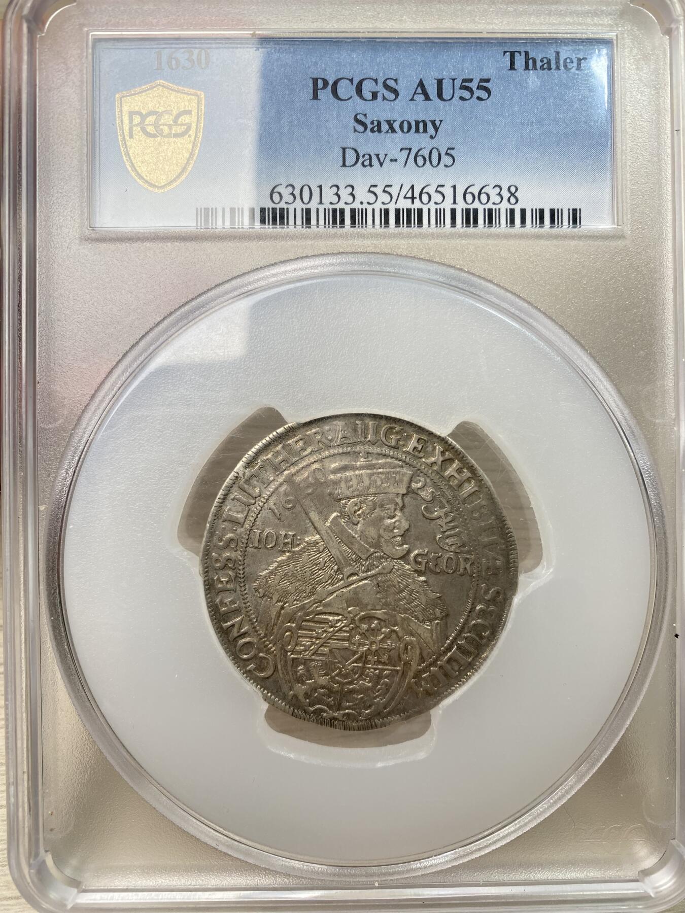 万国钱币拍卖第059期 PCGS AU55 1630神罗萨克森选侯国持剑大泰勒 三十年战争时期名誉品种 纪念奥格斯堡信纲100周年 PCGS加大盒 原味淡彩 PC亚军分 更高仅一枚