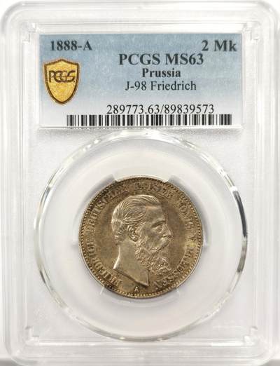 博洋堂世界钱币拍卖第158期（全场包邮） - PCGS MS63 德国普鲁士1888年弗里德里希三世短翅鹰 2马克银币，金色包浆，底板丝滑，分数评低了！