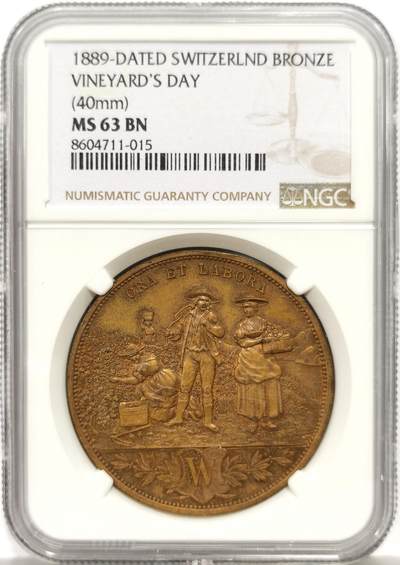博洋堂世界钱币拍卖第158期（全场包邮） - NGC MS63BN 瑞士1889年葡萄园节纪念铜章