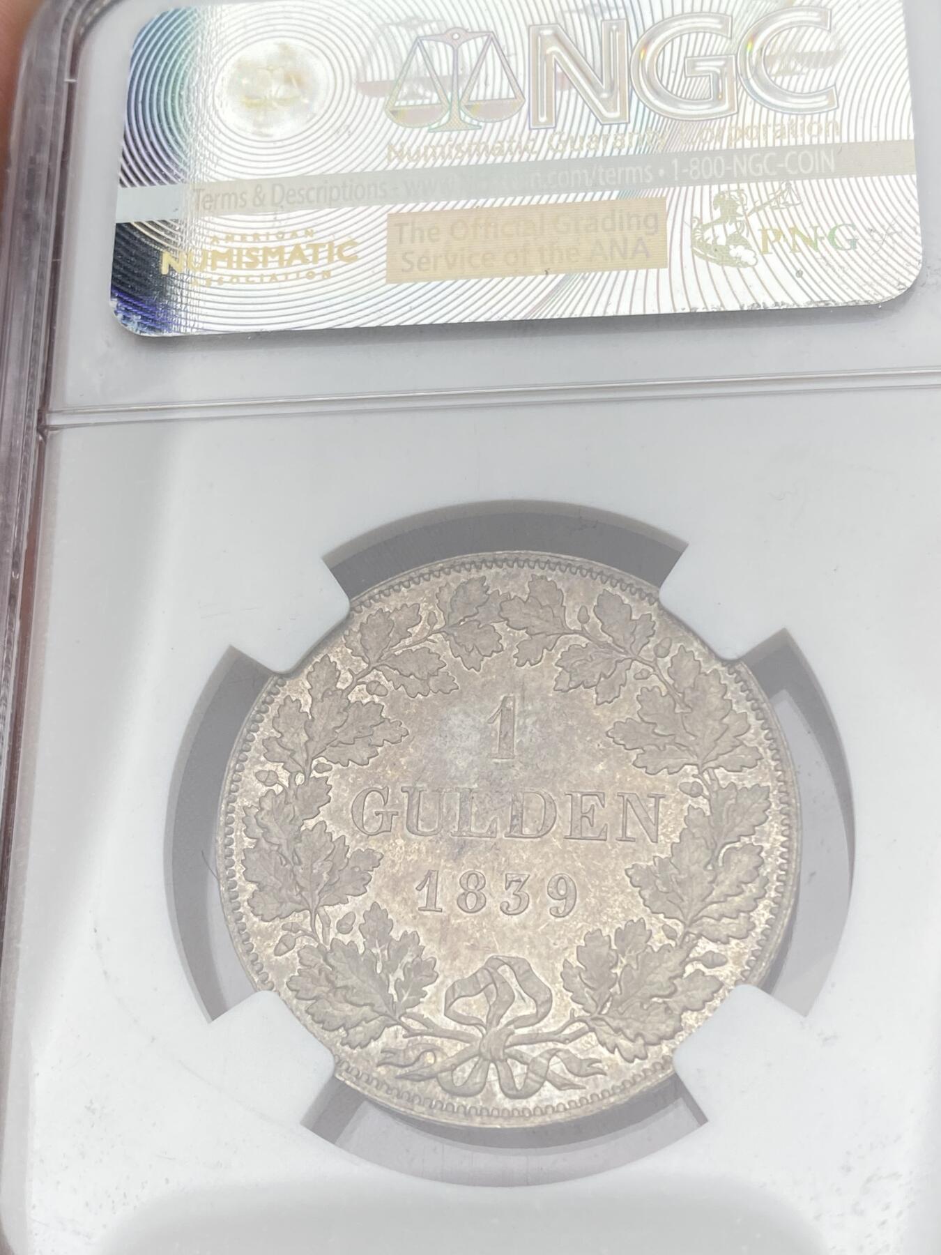 万国钱币拍卖第059期 NGC MS62 1839年德国巴伐利亚路德维希一世1古尔登银币 好品难得的路一流通品种 原味德系淡彩