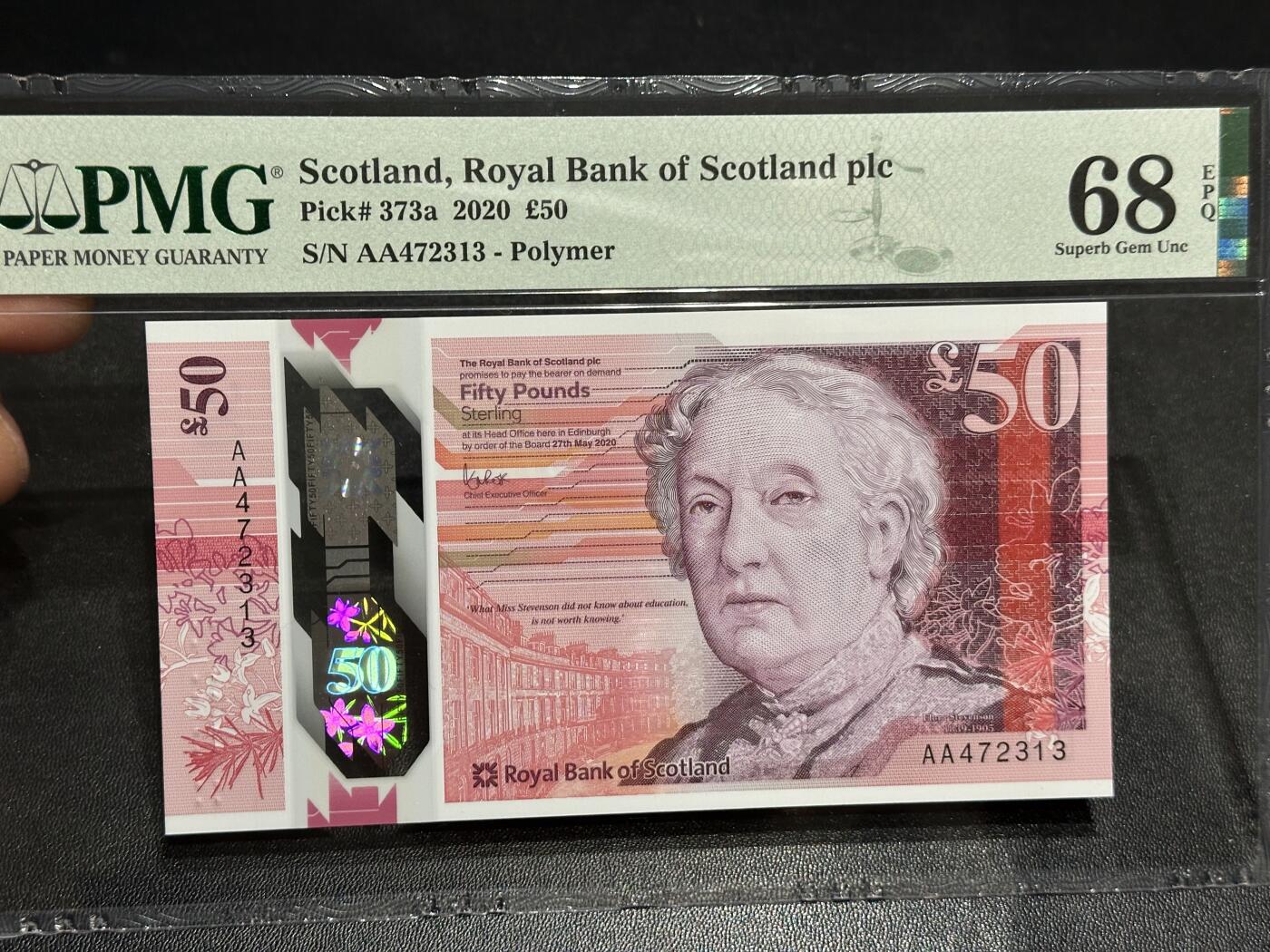 《外钞收藏家》第六百零四期（精品场）（本平台长期征集拍品、欢迎藏友们联系合作） 2020年苏格兰皇家银行50镑 首发AA PMG68