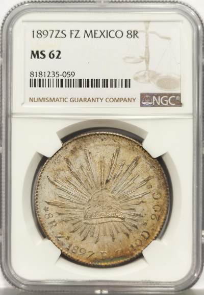 博洋堂世界钱币拍卖第158期（全场包邮） - NGC MS62 墨西哥1897年ZS FZ版花边鹰洋，关门年份，原味窖藏包浆，边缘略带环彩，滴水未下