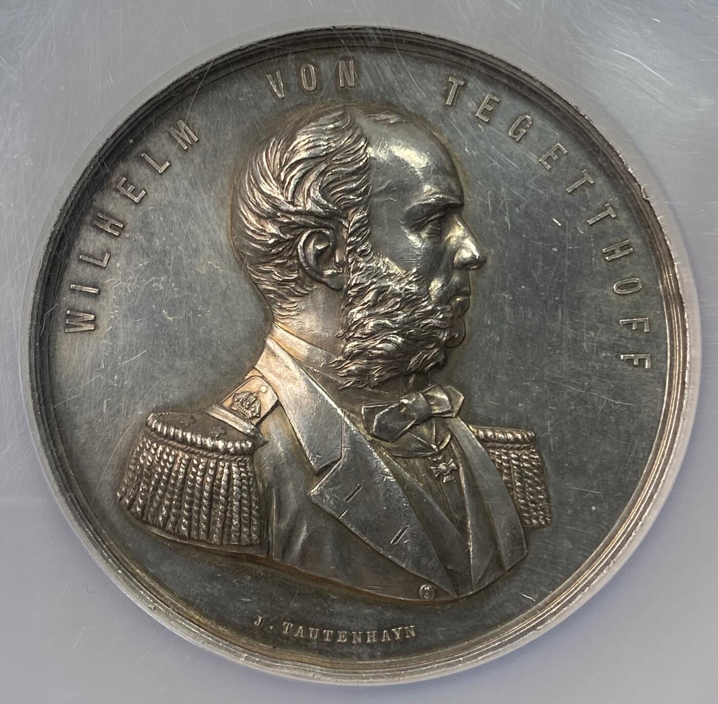 万国钱币拍卖第059期 NGC UNCD 1877年奥匈帝国海军中将威廉·特格特霍夫男爵纪念大银章 以表彰其英勇奋战于赫尔戈兰 并在里萨荣耀取胜 为自身及奥匈海军赢得不朽荣耀 62MM 70.45G