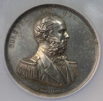 万国钱币拍卖第059期 - NGC UNCD 1877年奥匈帝国海军中将威廉·特格特霍夫男爵纪念大银章 以表彰其英勇奋战于赫尔戈兰 并在里萨荣耀取胜 为自身及奥匈海军赢得不朽荣耀 62MM 70.45G