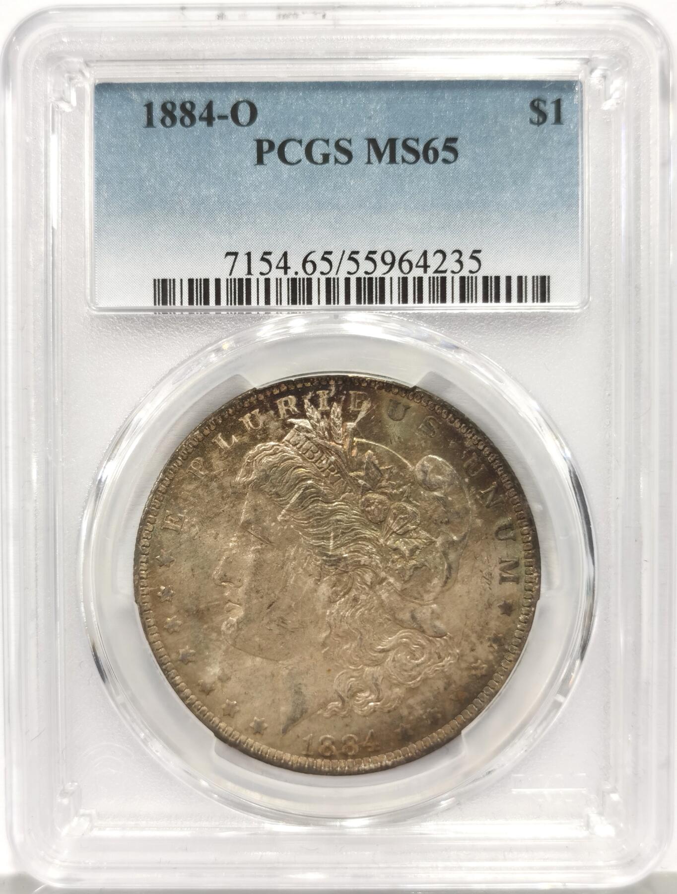 博洋堂世界钱币拍卖第158期（全场包邮） PCGS MS65 美国1884年O版摩根大银币，底板超级五彩，收藏级的一枚