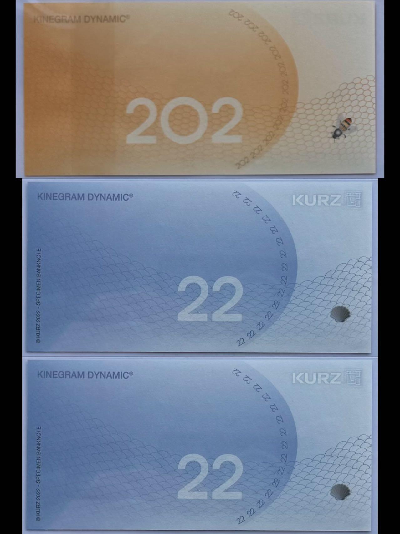 2026第2场（总第229期）：精品测试钞、连体钞综合场 德国KURZ Kinegram Dynamic®动态箔条纹测试钞一组三枚UNC