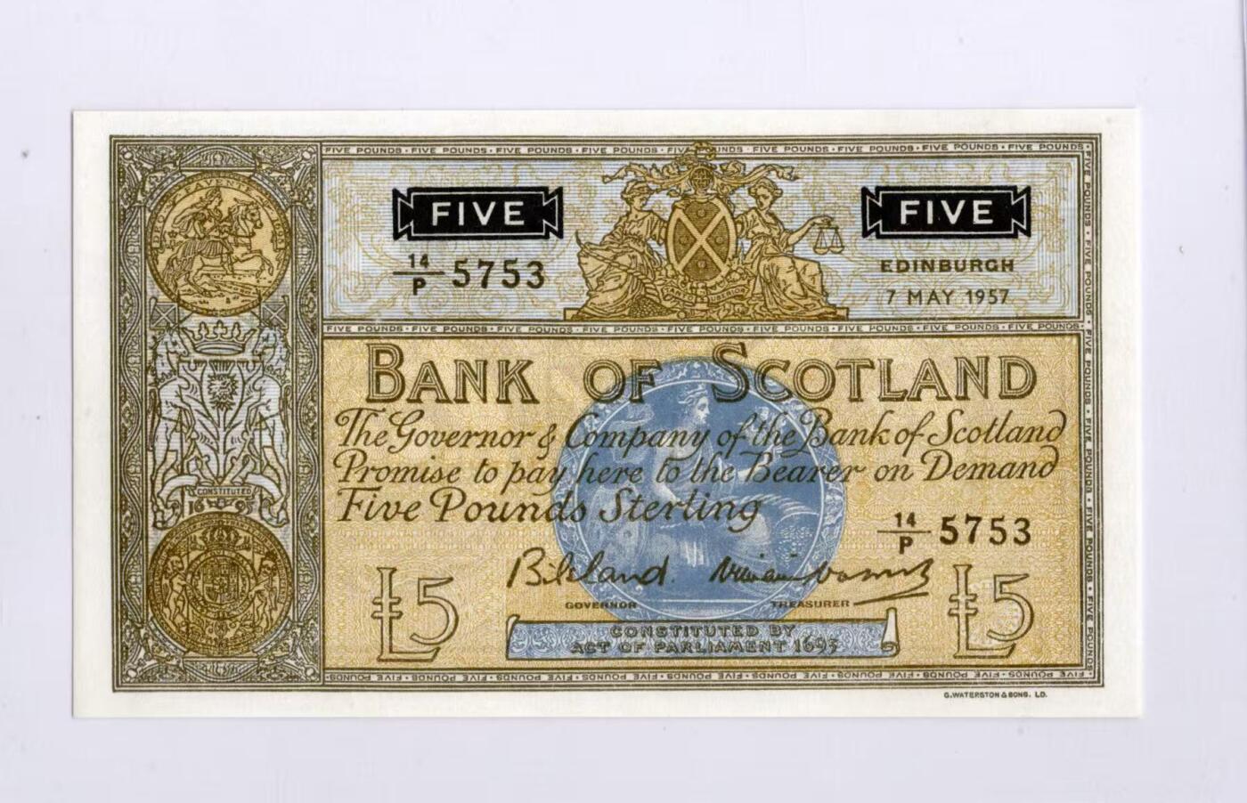 徐霞客拍卖首拍 苏格兰/苏格兰银行	P-101b 1957年5镑	大票幅	P/14 5753 unc-该纸币发行于二战结束后的第12年，正值英国及苏格兰经济重建与复苏的关键阶段。作为当时的大面额纸币，它在推动战后商业流通与民生稳定中扮演了重要角色，是战后欧洲经济史的微观缩影。兼具历史价值（苏格兰独立发钞权的见证）、文化价值（凯尔特与不列颠文化的融合载体）与稀缺性（距今已近70年，全新品相存世量极少）。				