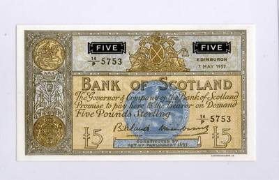 徐霞客拍卖首拍 - 苏格兰/苏格兰银行	P-101b 1957年5镑	大票幅	P/14 5753 unc-该纸币发行于二战结束后的第12年，正值英国及苏格兰经济重建与复苏的关键阶段。作为当时的大面额纸币，它在推动战后商业流通与民生稳定中扮演了重要角色，是战后欧洲经济史的微观缩影。兼具历史价值（苏格兰独立发钞权的见证）、文化价值（凯尔特与不列颠文化的融合载体）与稀缺性（距今已近70年，全新品相存世量极少）。				