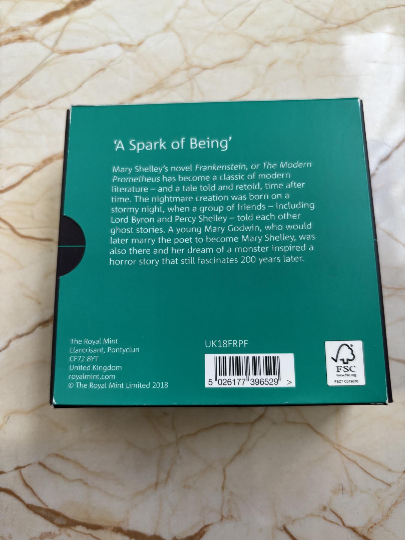 第189期拍卖 英国2018年科学怪人2镑双色加厚精制纪念银币，925银镀金，24克，发行1818枚