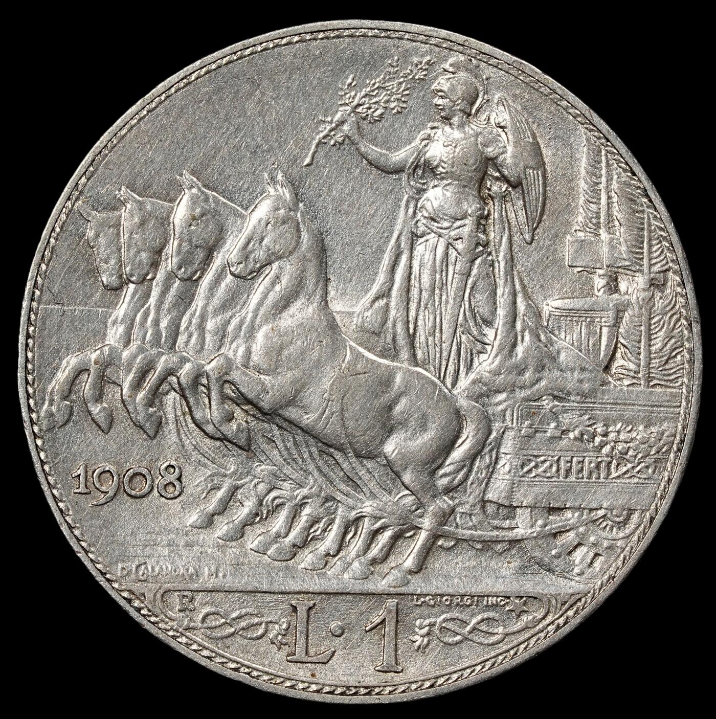 修遠堂世界钱币第102期 1908年意大利马车1里拉银币，少见圈版，4.99g，含银80%