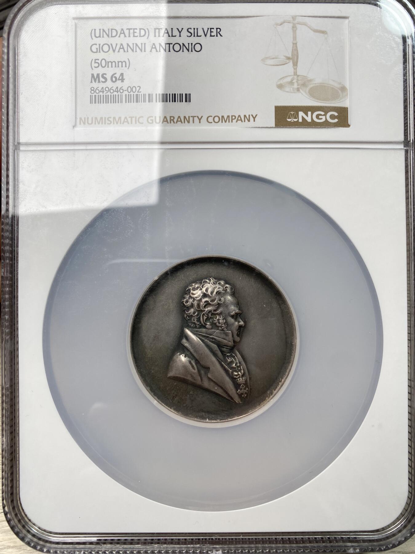 万国钱币拍卖第059期 NGC MS64 20世纪意大利乔瓦尼·安东尼奥大银章 50mm大规格 Ferraris作品 商业之神赫尔墨斯手持墨丘利之杖与装满钱币的丰饶角斜坐在货物之上 罕见品种