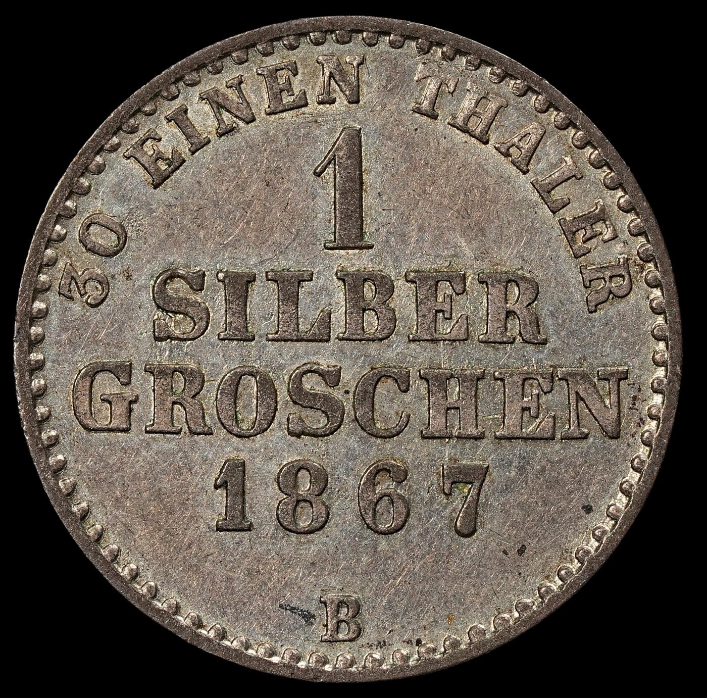 修遠堂世界钱币第102期 1867 年 瓦尔德克 - 皮尔蒙特亲王国（Fürstentum Waldeck und Pyrmont） 1 银格罗申银币，2.22g