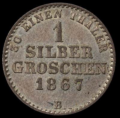 修遠堂世界钱币第102期 - 1867 年 瓦尔德克 - 皮尔蒙特亲王国（Fürstentum Waldeck und Pyrmont） 1 银格罗申银币，2.22g