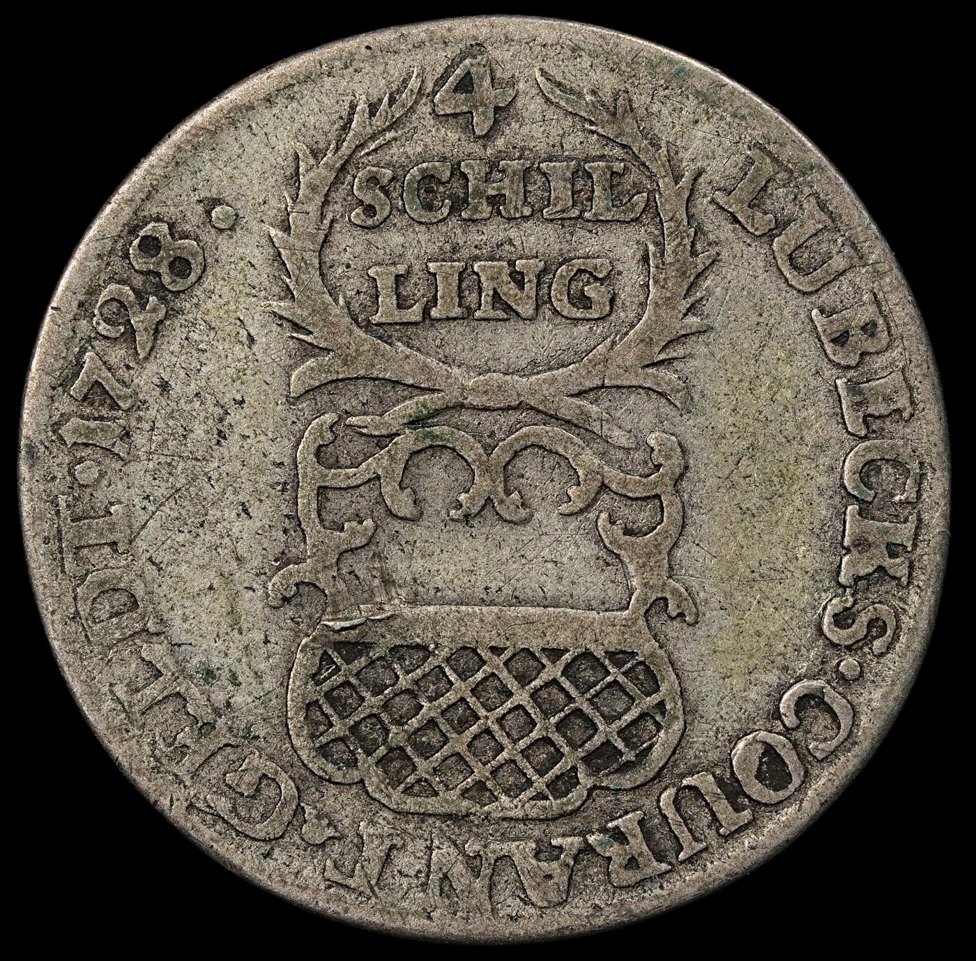 修遠堂世界钱币第102期 1728年吕贝克自由市4先令银币，2.68g