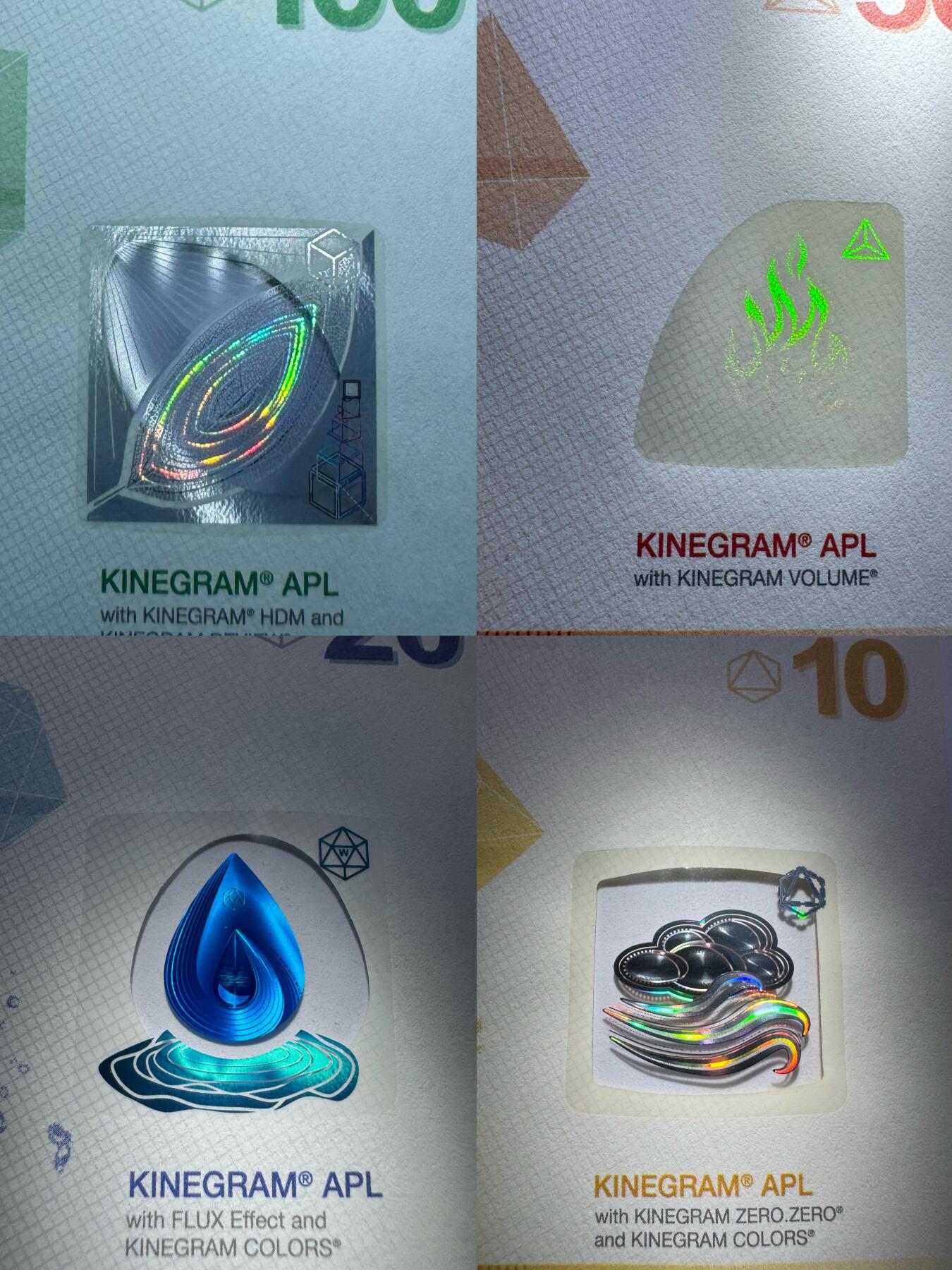 2026第2场（总第229期）：精品测试钞、连体钞综合场 库尔滋KURZ Kinegram APL窗口系列10、20、50、100单位测试钞全套4枚UNC