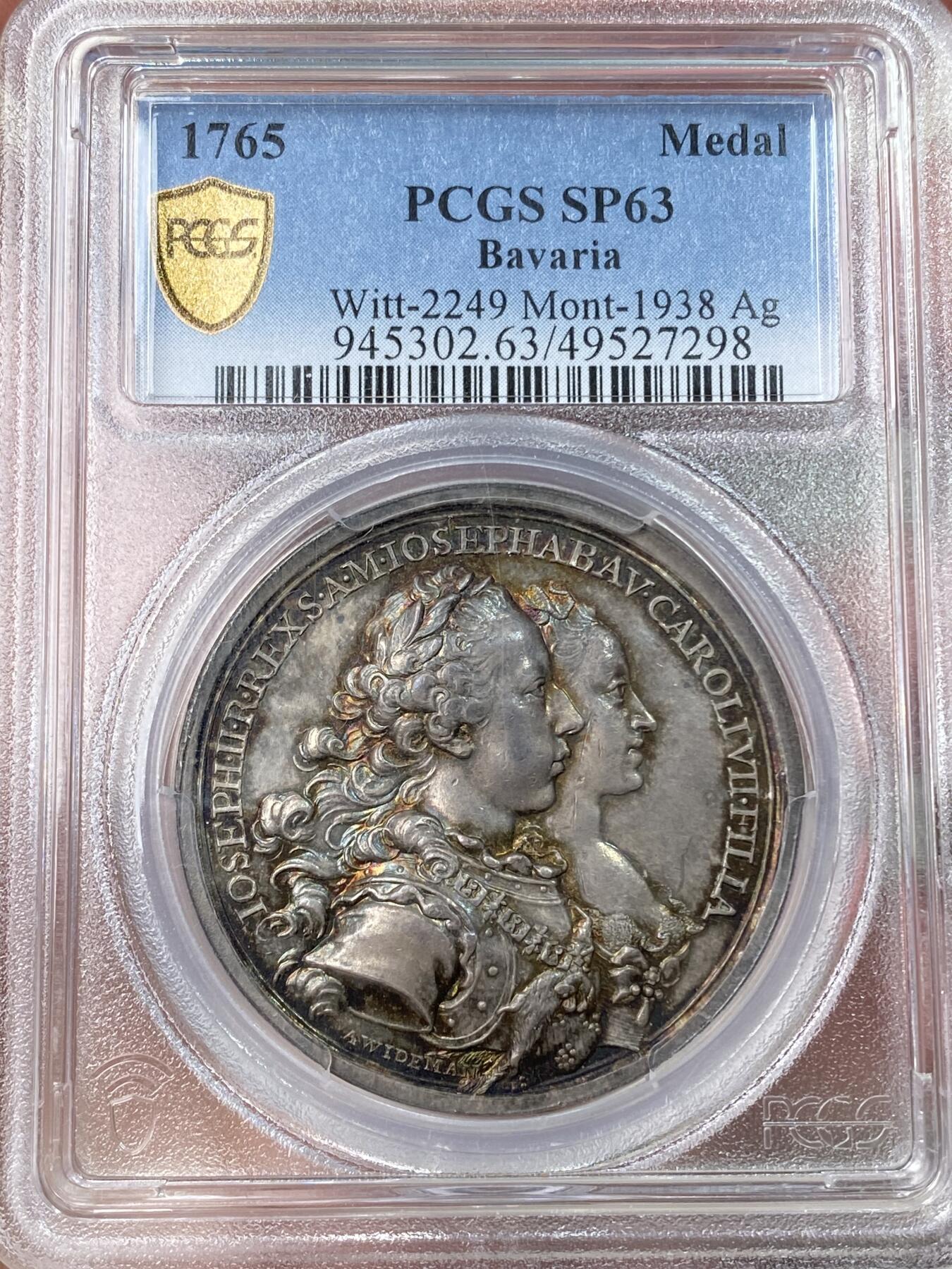 万国钱币拍卖第059期 PCGS SP63 PCGS SP63 1765年巴伐利亚马克西米利安三世的皇妹约瑟夫与奥地利皇帝约瑟夫二世结婚纪念大银章 罕见品种 保存状态极佳的18世纪帝国高浮雕结婚系列 无论是人物还是景观刻画都精细无比精美绝伦的古典艺术品 PC唯一冠军分
