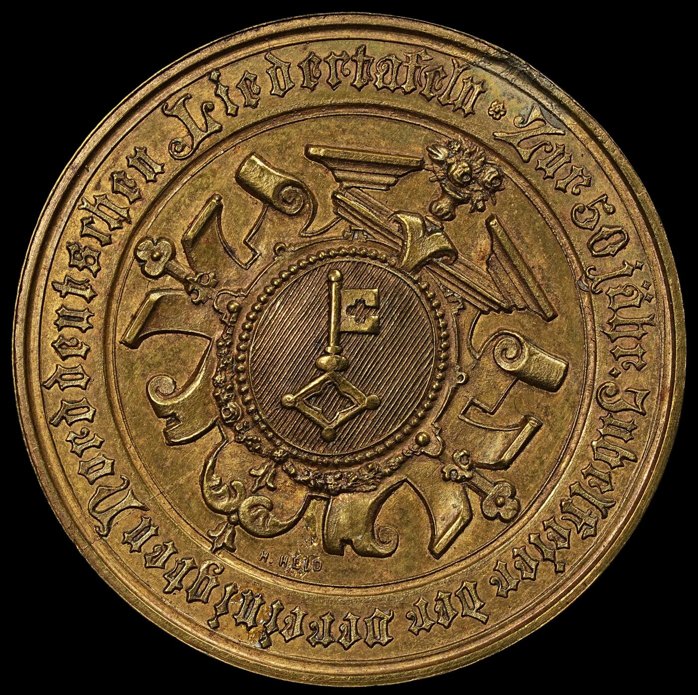 修遠堂世界钱币第102期  1881年在不莱梅男声合唱团（Bremenschen Liedertafel）成立 50周年鎏金章，边缘一处打磨，33.70mm，18.57g