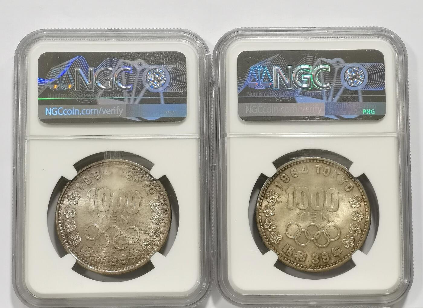 博洋堂世界钱币拍卖第158期（全场包邮） NGC MS65 日本1964年东京夏季奥运会1000日元纪念银币一组2枚，双面硫化金彩，车轮大转光