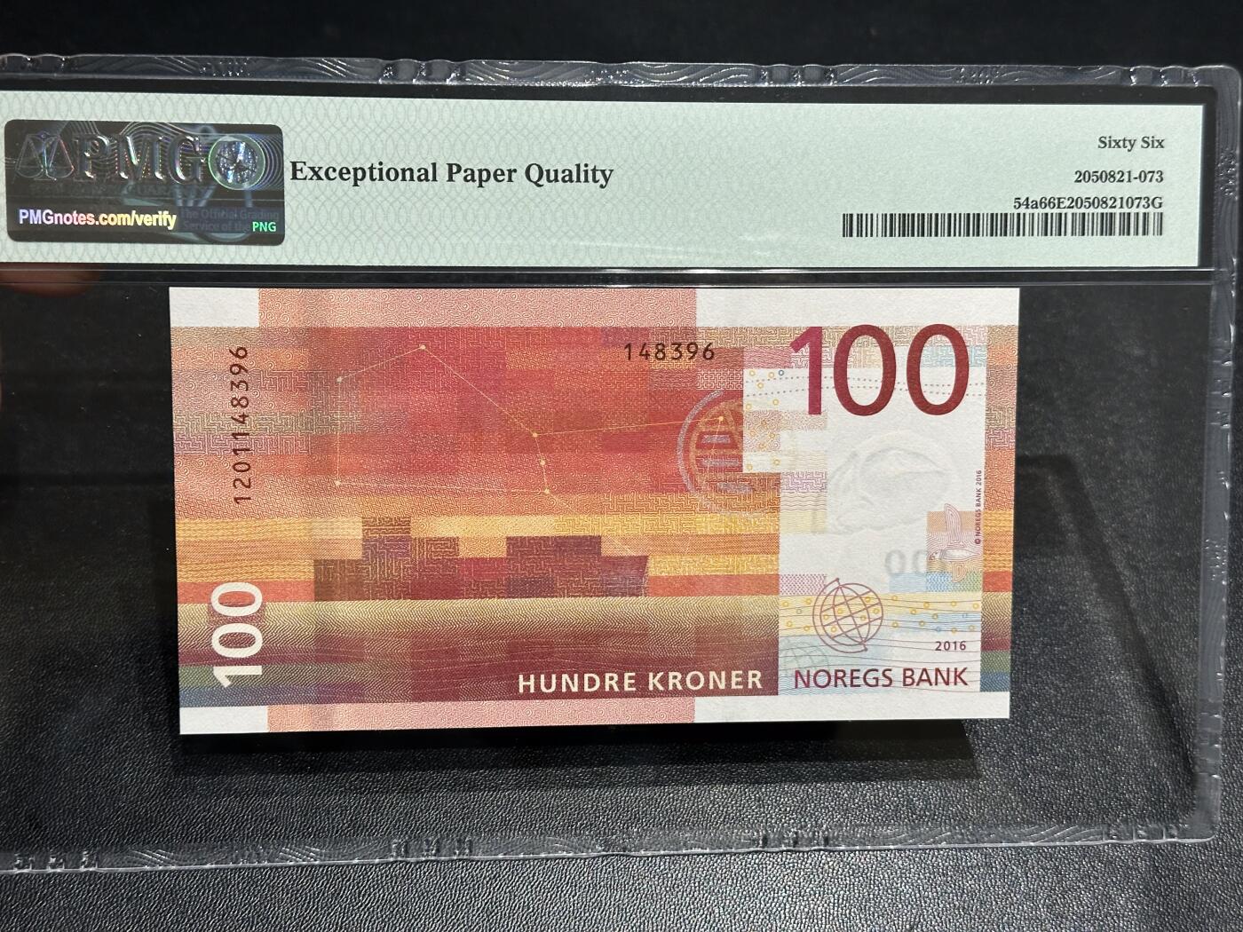 《外钞收藏家》第六百零四期（精品场）（本平台长期征集拍品、欢迎藏友们联系合作） 2016年挪威海洋版100克朗 PMG66